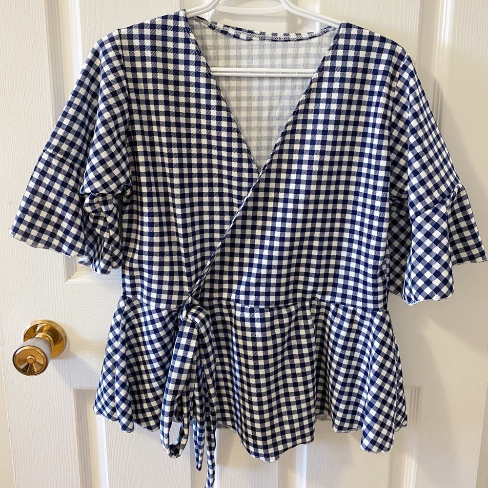 Cute plaid blouse with raffles and tie